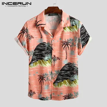 INCERUN Vyrų Spausdinti Havajų Marškinėliai Atostogų Streetwear Prarasti Trumpas Rankovės Atsitiktinis Palaidinė Kvėpuojantis Vasaros 2021 Paplūdimys Marškinėliai Vyrams