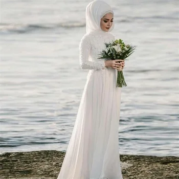 Ilgomis Rankovėmis Musulmonų Vestuvių Suknelė Aukštu Kaklu su Hijab Nėrinių Aplikacijos Šifono Grindų Ilgis arabų Nuotakos Dresss Individualų