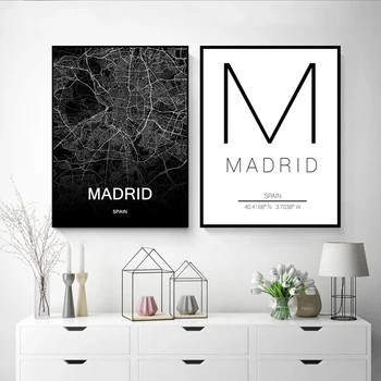 Ispanija Madridas Miesto Žemėlapį Meno Kelionės Spausdinti Plakato Juoda ir Balta Drobė, Tapyba, Kambario Sienų Apdaila Freskos Šiaurės Kambario Dekoro