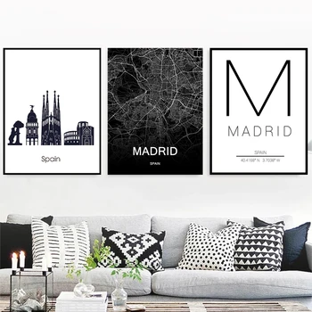 Ispanija Madridas Miesto Žemėlapį Meno Kelionės Spausdinti Plakato Juoda ir Balta Drobė, Tapyba, Kambario Sienų Apdaila Freskos Šiaurės Kambario Dekoro