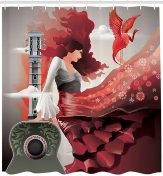 Ispanijos Dušo Užuolaidos Ispanijos Kultūros Tema su Flamenko Šokėja Lady Gitara lotynų Fest Europos meno Kūrinį, audinys Audinys Vonios kambarys