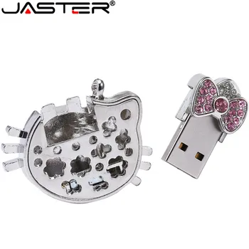 JASTER Mados karšto pardavimo Kristalų KT katė galvos + grandinės kūrybos USB 2.0 4GB 8GB 16GB 32GB 64GB Išorės Saugojimo USB flash drive
