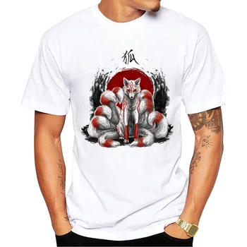 Japonijos Devynių Tailed Fox Kitsune Spausdinti Tshirts Hipster Viršūnes Trumpas Rankovės Juokinga Tee TEEHUB Derliaus Fox Dizainas Vyrų T-Shirt