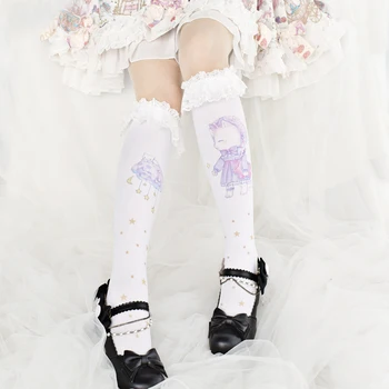 Japonijos Lolita Cute Nėrinių Vamzdis Kojinės Lolita Katė Per Kelio kojinių Vamzdis, Kojinės, Žemiausią Kojinės Moterų Saldus Animacinių filmų Spausdinti Kojinės