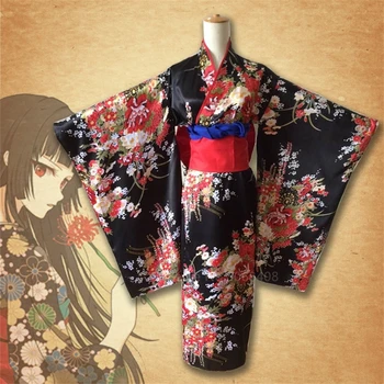 Japonijos Tradicinių Kimono Suknelę Anime Pragarą Mergina Cosplay Kostiumų Obi Haori Derliaus Gėlių Skraiste Etape Išgalvotas Dėvėti Helovinas Tamsus