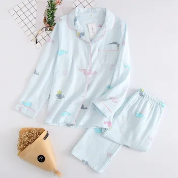 Japonijos Šviežių Citrinų Spausdinti Pižama Rinkiniai Moterims Marlės Medvilnės Ilgomis Rankovėmis Atsitiktinis Animacinių Filmų Sleepwear Rudens Namų Moterų Pižamos