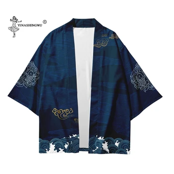 Japonų Kimono Krano Spausdinti Yukata Kailis Samurajus Vyrai Moterys Harajuku Marškinėliai Japonija Haori Cardigan Azijos Tradicinių Anime Kostiumais