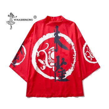 Japonų Kimono Vyrai Moterys Vasarą Kostiumas Harajuku Yukata Laisvi Marškinėliai Raudonos Spalvos Megztinis Samurajus Viršuje Tradicinių Kailio Spausdinti Japonija, Anime