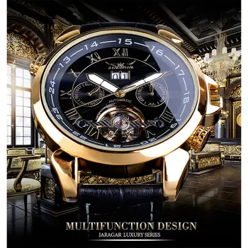 Jaragar Aukso Tourbillon Mechaniniai Laikrodžiai vyriški Automatinio Kalendoriaus Juoda natūralios Odos Diržas Suknelė Laikrodį Relogio Laikrodis