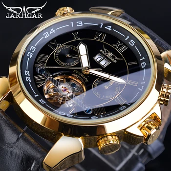 Jaragar Aukso Tourbillon Mechaniniai Laikrodžiai vyriški Automatinio Kalendoriaus Juoda natūralios Odos Diržas Suknelė Laikrodį Relogio Laikrodis