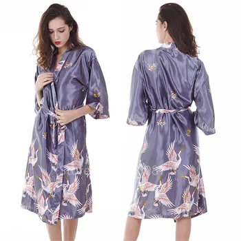 Juoda Satino Ilgas Chalatas Moterims Japonų Kimono Vestuvių Nuotaka Bridesmaid, Chalatas, Pižamą Sleepwear Spausdinti Krano Kimono XL