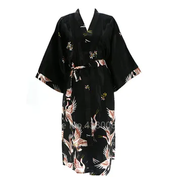 Juoda Satino Ilgas Chalatas Moterims Japonų Kimono Vestuvių Nuotaka Bridesmaid, Chalatas, Pižamą Sleepwear Spausdinti Krano Kimono XL