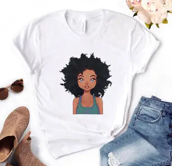 Juoda mergytė afro piešimo Spausdinti Moterų marškinėlius Medvilnės Atsitiktinis Juokingi marškinėliai Dovana Lady Yong Mergina Viršuje Tee PM-59