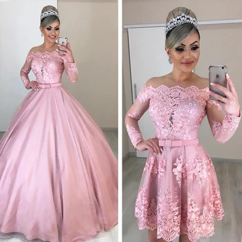 Karšto Pardavimo Quinceanera Suknelės Saldus 16 Blush Pink Reljefiniai Prom Dresses, su Nuimamu Sijonai Iliuzija Nėrinių ilgomis Rankovėmis Oficialus