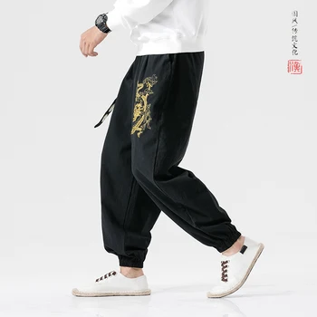 Kinų Stiliaus Dragon Siuvinėjimo Atsitiktinis Haremo Kelnės Plačios Kojos Poilsiu Kelnės su Diržo Prarasti Kulkšnies Surištas Vyrų Kelnės