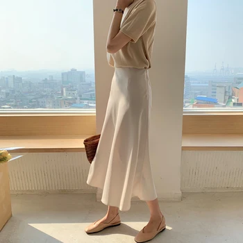 Korėjos Atsitiktinis Sijonai Moterims Šilko Sijonas Moterims, Elegantiškas Satino Ilgi Sijonai, Office Lady Aukšto Juosmens Bodycon Sijonas Faldas Mujer Moda