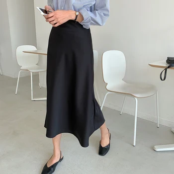 Korėjos Atsitiktinis Sijonai Moterims Šilko Sijonas Moterims, Elegantiškas Satino Ilgi Sijonai, Office Lady Aukšto Juosmens Bodycon Sijonas Faldas Mujer Moda