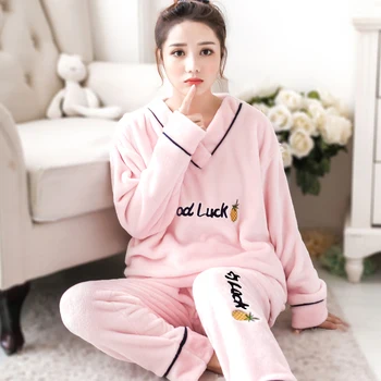 Korėjos Flanelė Šilta Pižama Moterims ilgomis Rankovėmis Namų Kostiumas Ponios sleepwear Aksomo Pajama nustatyti Storosios Feminino Pižamos Kelnės