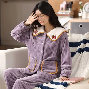 Korėjos Flanelė Šilta Pižama Moterims ilgomis Rankovėmis Namų Kostiumas Ponios sleepwear animacinių filmų Aksomo Pajama nustatyti Storosios Feminino Pižamos