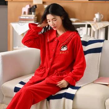 Korėjos Flanelė Šilta Pižama Moterims ilgomis Rankovėmis Namų Kostiumas Ponios sleepwear animacinių filmų Aksomo Pajama nustatyti Storosios Feminino Pižamos