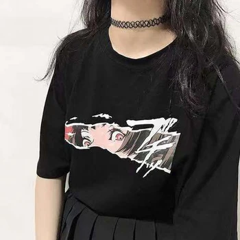 Korėjos Mados Anime Akių Black marškinėliai Ulzzang Punk Japonijos Harajuku Negabaritinių Tee Gotikos Moterų Viršūnių Drabužiai