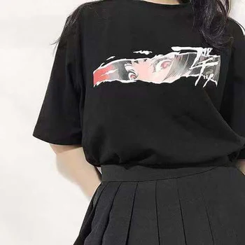 Korėjos Mados Anime Akių Black marškinėliai Ulzzang Punk Japonijos Harajuku Negabaritinių Tee Gotikos Moterų Viršūnių Drabužiai