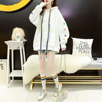 Korėjos Streetwear Autunm Žiemą Šiltas Hoodies Spalvos Mygtukai Mados Visas Rankovės Prarasti Harajuku Puloveriai, Paltai Moterims Hoodies