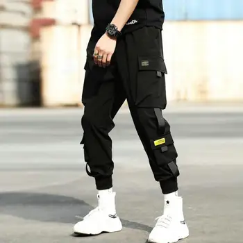 Krovinių Kelnės Poilsiu Vyrų Juodos Haremo Kelnės Multi-pocket Juostelės Vyras Sweatpants Streetwear Atsitiktinis Kelnės Elastingos juosmens Vyrų Kelnių