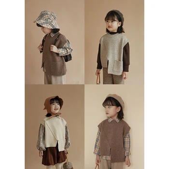 Kūdikių Mergaičių Megzti Liemenė vaikams rudenį naujas šiltas vientisos spalvos Liemenės kišenėje