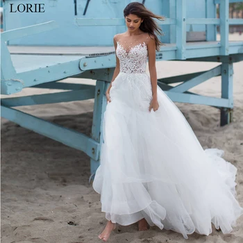 LORIE 2020 Paplūdimio Vestuvių Suknelės, Tiulio, Nėrinių Appliques-Line Vestuvinės Suknelės Su Valymo Traukinio Elegantiškas Princesė Vestuvės Dress