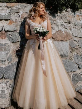 LORIE Šampano Vestuvių Suknelė Vintage 2020 Appliques Nėrinių Vestuvinės Suknelės Minkštas Tiulis Rankovių vestido de noiva Nėriniai-up Traukinio nr.