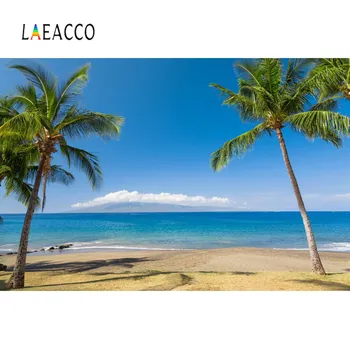 Laeacco Atogrąžų Palmių Medžių Jūros Paplūdimio Smėlio Mėlynas Dangus Kūdikių Atostogų Gražių Nuotraukų Fone Fotografijos Backdrops Fotostudija