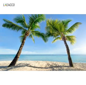 Laeacco Atogrąžų Palmių Medžių Jūros Paplūdimio Smėlio Mėlynas Dangus Kūdikių Atostogų Gražių Nuotraukų Fone Fotografijos Backdrops Fotostudija
