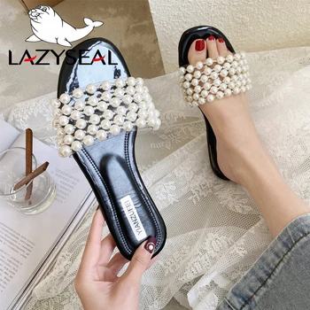 LazySeal Prabangių Perlų Butas Su Moterų Skaidres Peep Toe Espadrilles String Patogios Šlepetės Moterų Avalynė Slydimo Zapato Mujer