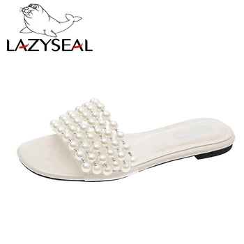 LazySeal Prabangių Perlų Butas Su Moterų Skaidres Peep Toe Espadrilles String Patogios Šlepetės Moterų Avalynė Slydimo Zapato Mujer