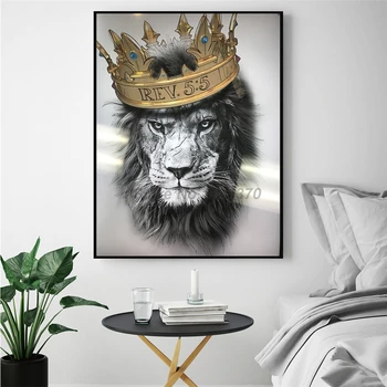 Liūtas Karalius Karūną Minimalistinio Meno Drobė Plakato Spauda Abstrakti Tapyba Juoda Balta Sienos Nuotrauka Šiuolaikinių Namų Puošybai