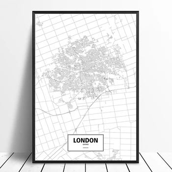 Londone, Ontario, Kanada Juoda Balta Užsakymą Pasaulio Miesto Žemėlapį Plakatas Drobė Spausdinti Šiaurės Stiliaus Sienos Menas Namų Dekoro