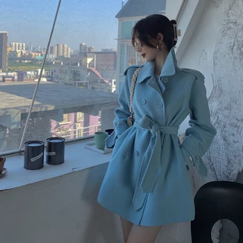 Lucyever Žiemos Pasukite Žemyn Apykaklės Vilnoniai Paltai Moterims Korėjos Stiliaus Ilgomis Rankovėmis Varčias Paltą Moteris 2020 M Nauji Slim Mėlynos Spalvos Drabužius Mujer
