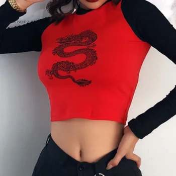 Lusofie Rudenį Naujų ilgomis Rankovėmis Moterų Top Kinų Drakonas Spausdinti Atsitiktinis Slim viršūnes Mados High Street, Priešingai T-shirt