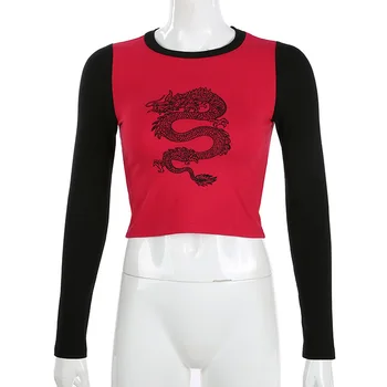 Lusofie Rudenį Naujų ilgomis Rankovėmis Moterų Top Kinų Drakonas Spausdinti Atsitiktinis Slim viršūnes Mados High Street, Priešingai T-shirt