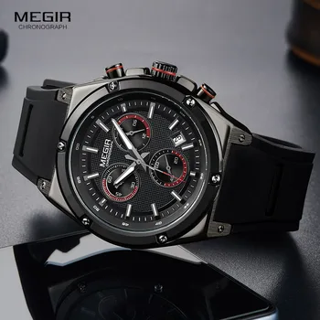 MEGIR Top Brand Prabanga Chronograph Watch Vyrų Kvarco Sporto Laikrodžiai Kariuomenės Karinių Silikono Dirželis Riešo Žiūrėti Vyrų Black Laikrodis