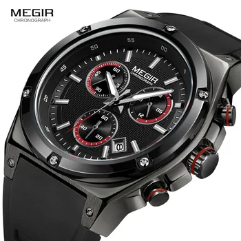 MEGIR Top Brand Prabanga Chronograph Watch Vyrų Kvarco Sporto Laikrodžiai Kariuomenės Karinių Silikono Dirželis Riešo Žiūrėti Vyrų Black Laikrodis
