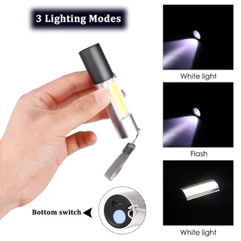 MINI LED žibintuvėlis USB įkrovimo su COB pusėje šviesos fakelas, 3 rūšių parama zoom lauko kempingas šviesos su nemokamu USB kabelis