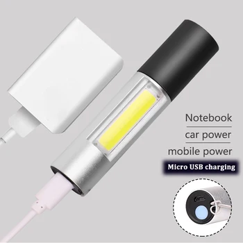 MINI LED žibintuvėlis USB įkrovimo su COB pusėje šviesos fakelas, 3 rūšių parama zoom lauko kempingas šviesos su nemokamu USB kabelis