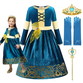 MUABABY Merginos Merida Princesė Dress Up Kostiumas Drąsus Deluxe Helovinas Fancy Frocks Tamsiai Žalia Vaikų Šalis Drabužius 2-10T