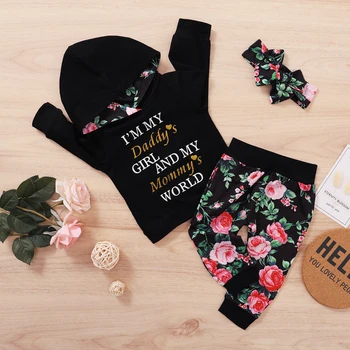 Ma&Baby 0-2Y Rudenį Bamblys Naujagimiui Gėlių Mergaičių Drabužiai Nustatyti Laiškas su Gobtuvu Long Sleeve T Shirt Viršuje Rose Kelnės Komplektai