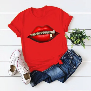 Mados Moterų Atsitiktinis Blizgančiais Raudona Lūpų T-Shirt Medvilnės trumpomis Rankovėmis Viršūnes T-Shirts Derliaus Kūrybiškumą užtrauktukas Lūpų T-Shirt