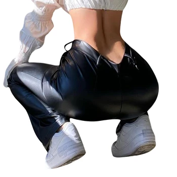Mados Naujų Moterys Slim Plataus kojų Kelnės Suaugusiems Aukštos Juosmens Elastinga PU Odos Kelnės su Kišenėmis Moterų Streetwear