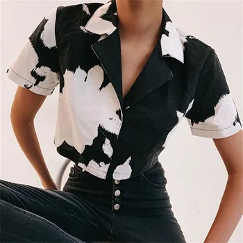 Mados Pasėlių Viršuje Moterų trumpomis Rankovėmis Marškiniai tie dažai Spausdinti Turn-žemyn Apykaklės Trumpas Top Marškinėliai blusas mujer de moda 2020#GH
