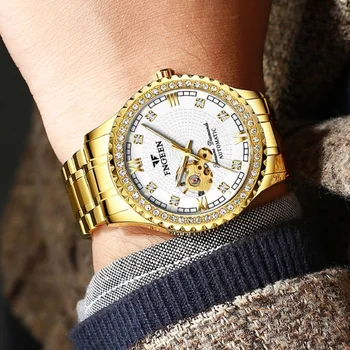 Mados vyriški Laikrodžiai Automatinis Mechaninis Laikrodis Vyrų Aukso laikrodis atsparus Vandeniui Šviesos Su Deimantų Tuščiaviduriai Tourbillon Laikrodis
